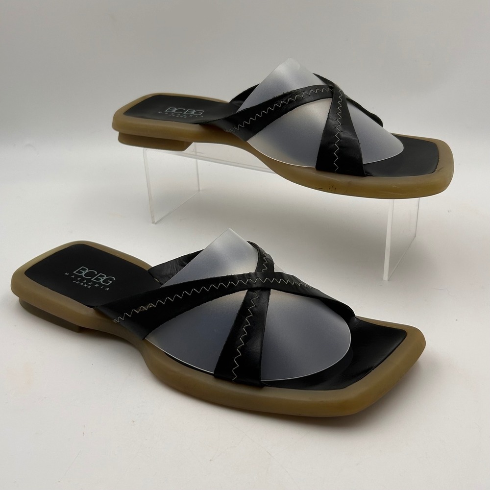 BCBG Max Azria Jeans Sandals‎ Women 10 Black Leather Square Slides Y2K Minimal